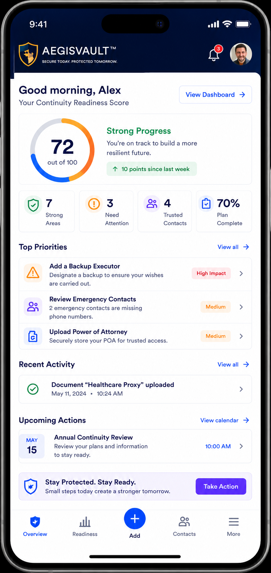 AegisVault mobile app readiness overview mockup