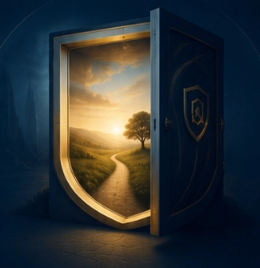 An AegisVault shield-shaped vault door opening to reveal a golden sunrise landscape — symbolising legacy and continuity